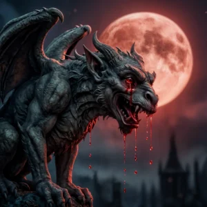 Macabre digital art of a creepy gargoyle with weeping red eyes under a blood moon, representing the dark fantasy style of Frightful Michael.