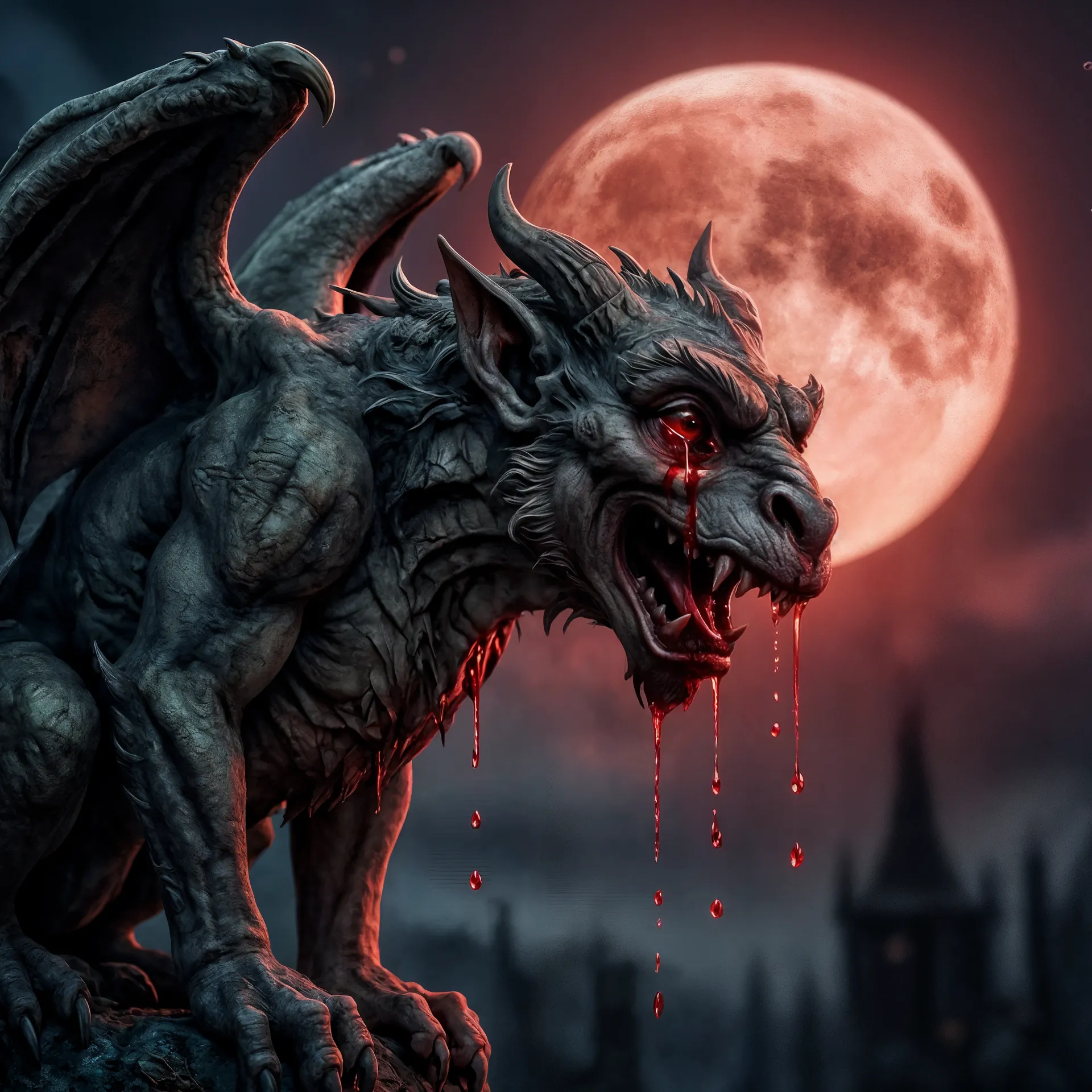 Macabre digital art of a creepy gargoyle with weeping red eyes under a blood moon, representing the dark fantasy style of Frightful Michael.