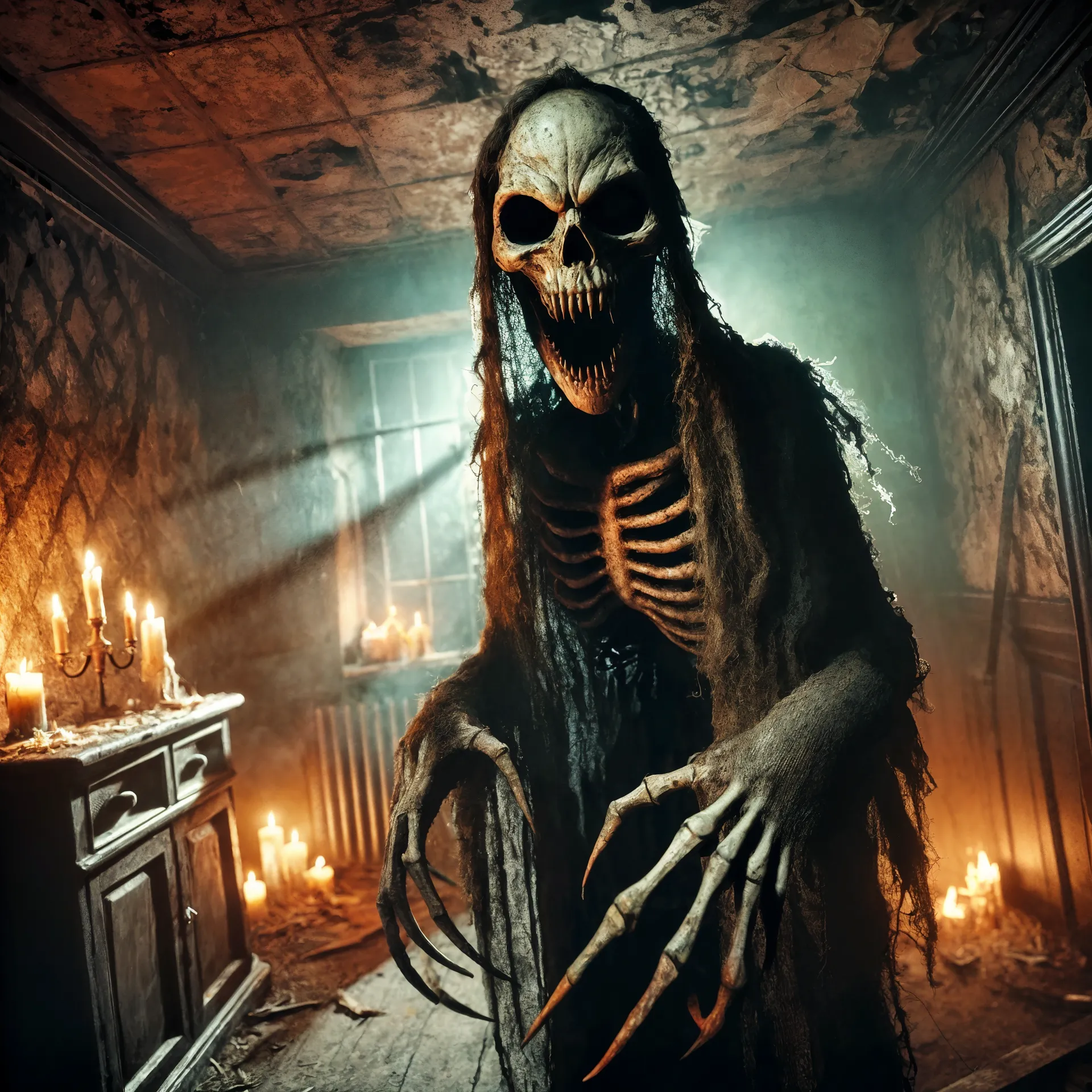 Horror illustration of a decrepit skeleton with long claws in a haunted house, capturing the dark and macabre aesthetic of Frightful Michael.