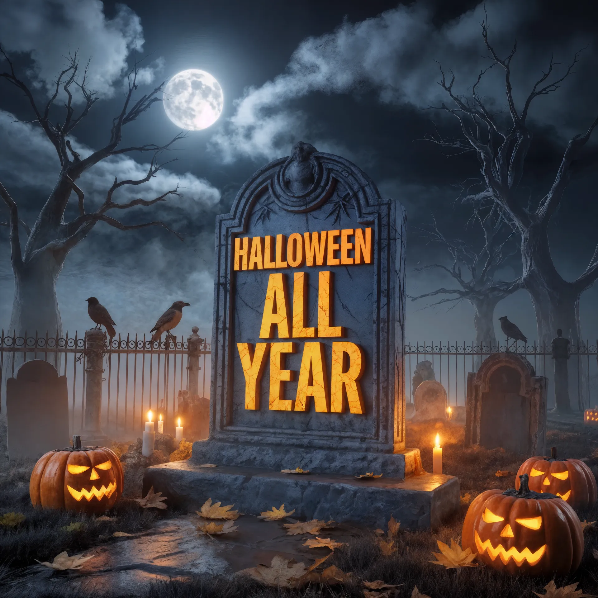 Whimsical Halloween gravestone art with glowing text reading Halloween All Year, surrounded by jack-o-lanterns and spooky trees by Frightful Michael.