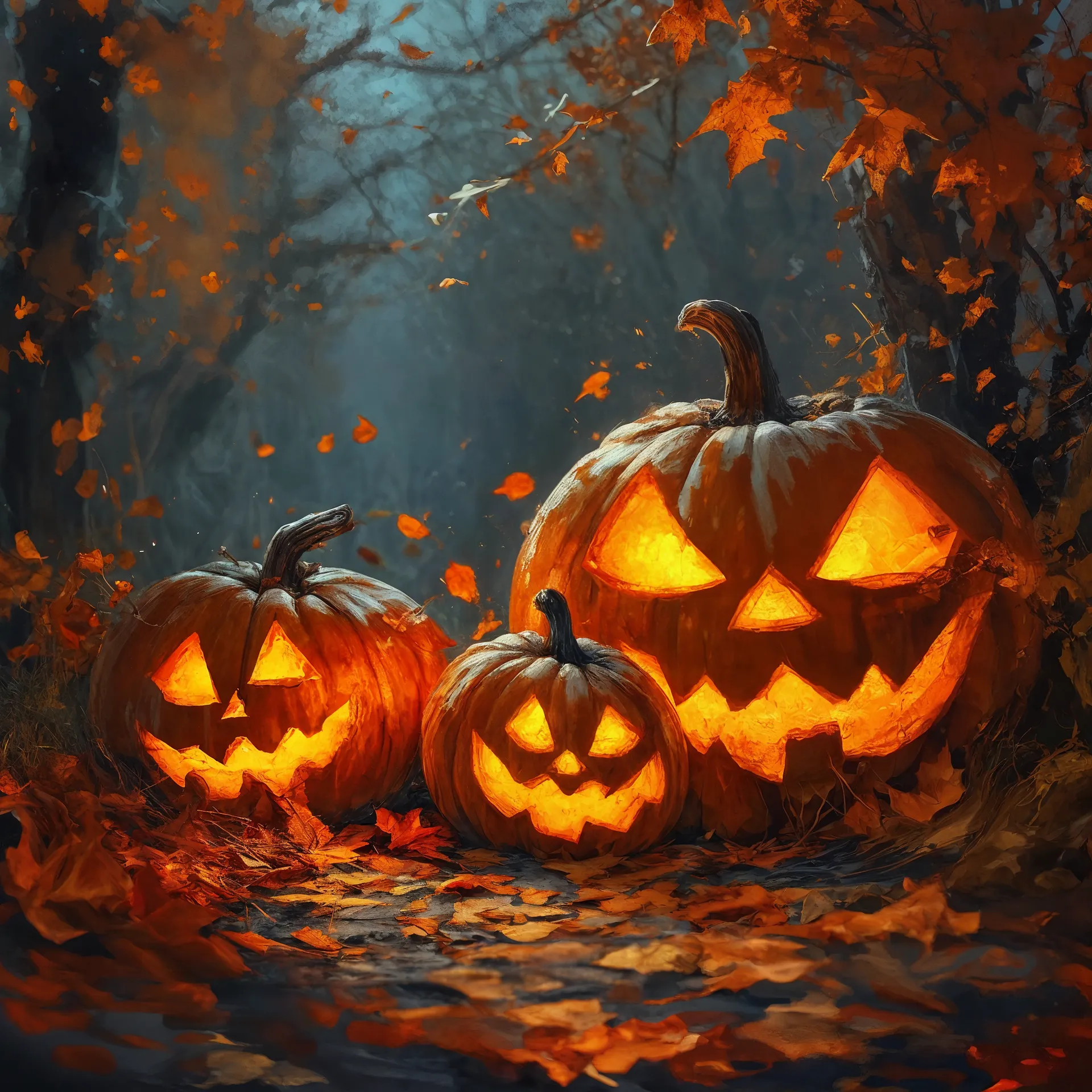 Atmospheric Halloween art of glowing jack-o-lanterns among fallen autumn leaves in a misty forest, continuing the seasonal theme of Frightful Michael.