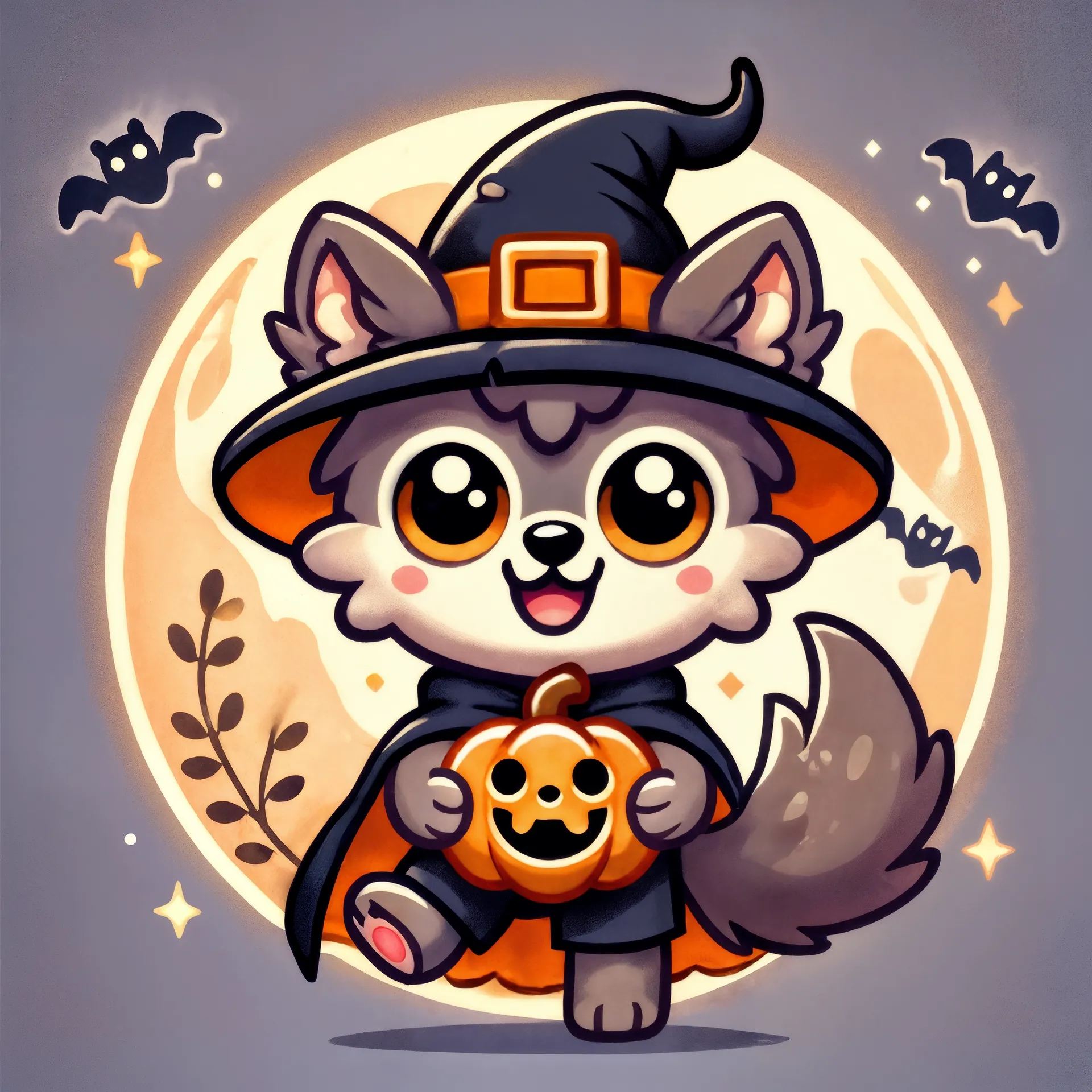 Whimsical Halloween art of a cute werewolf character wearing a witch hat and holding a pumpkin, showcasing the playful side of Frightful Michael.